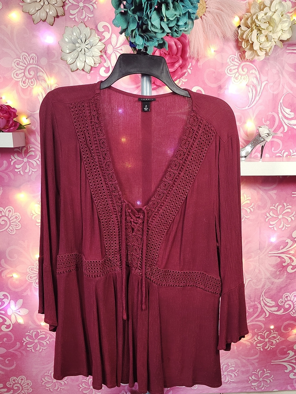 torrid Burgundy Peasant Top with Crochet Trim (24 Ptp)